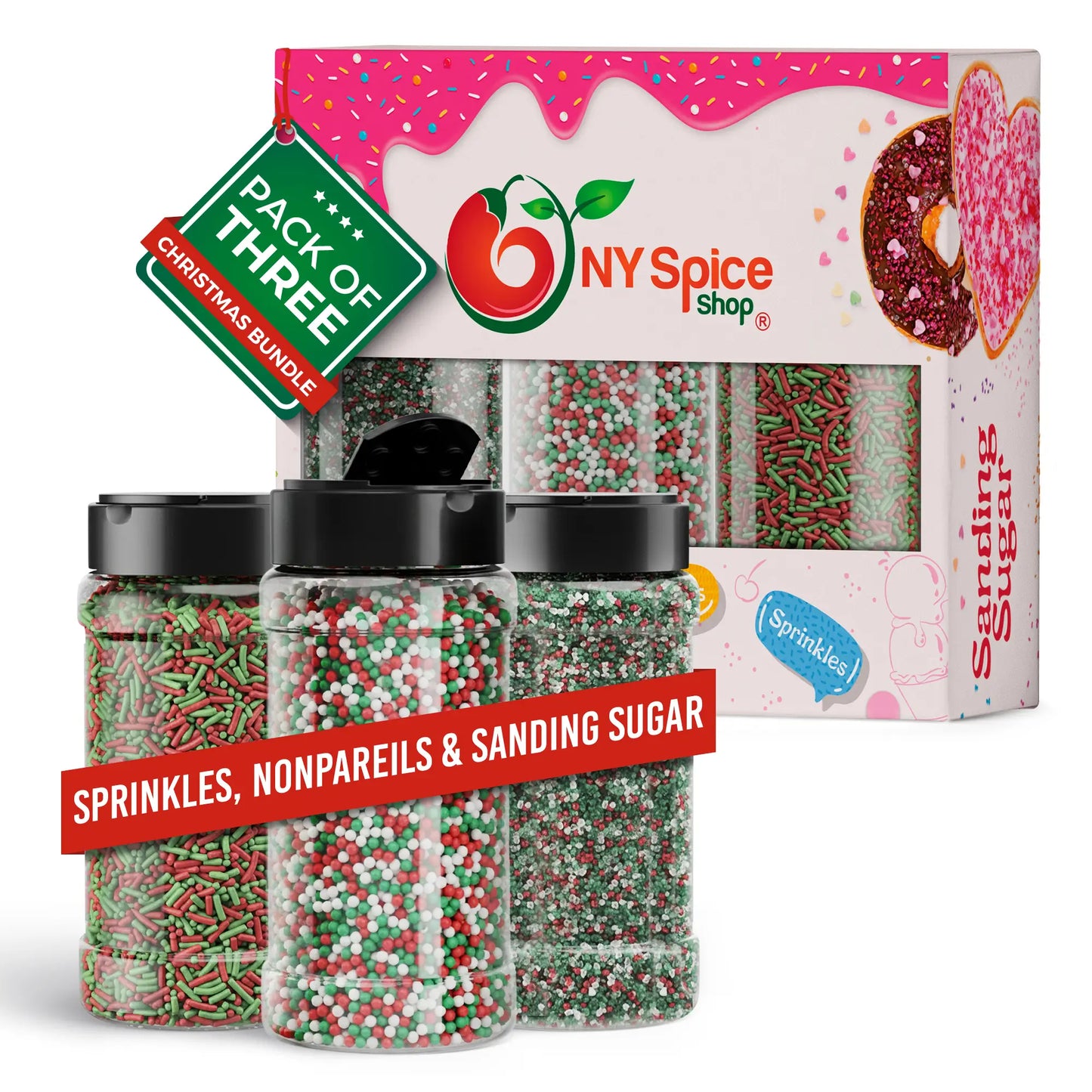 Christmas Sprinkles, Nonpareils & Sanding Sugar - Pack of 3 - NY Spice Shop